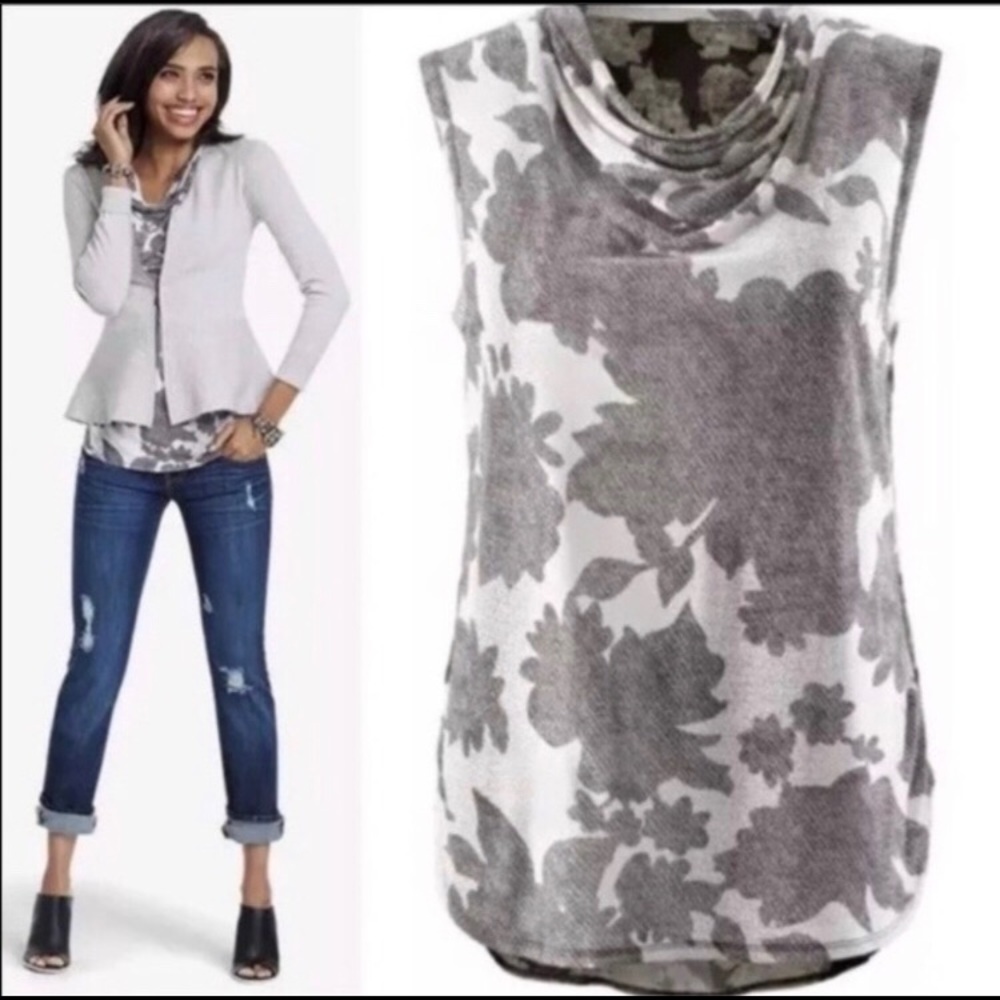 CAbi Tango grey/black floral cowl neck sleeveless blouse S